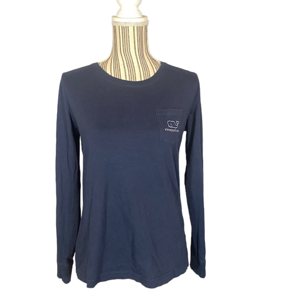 Vineyard Vines Navy Blue Logo Long Sleeve Pullover Casual T-Shirt Women Sz XS